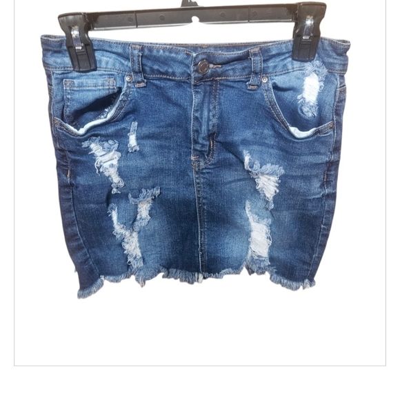 Distressed Denim Mini Skirt - Picture 1 of 7
